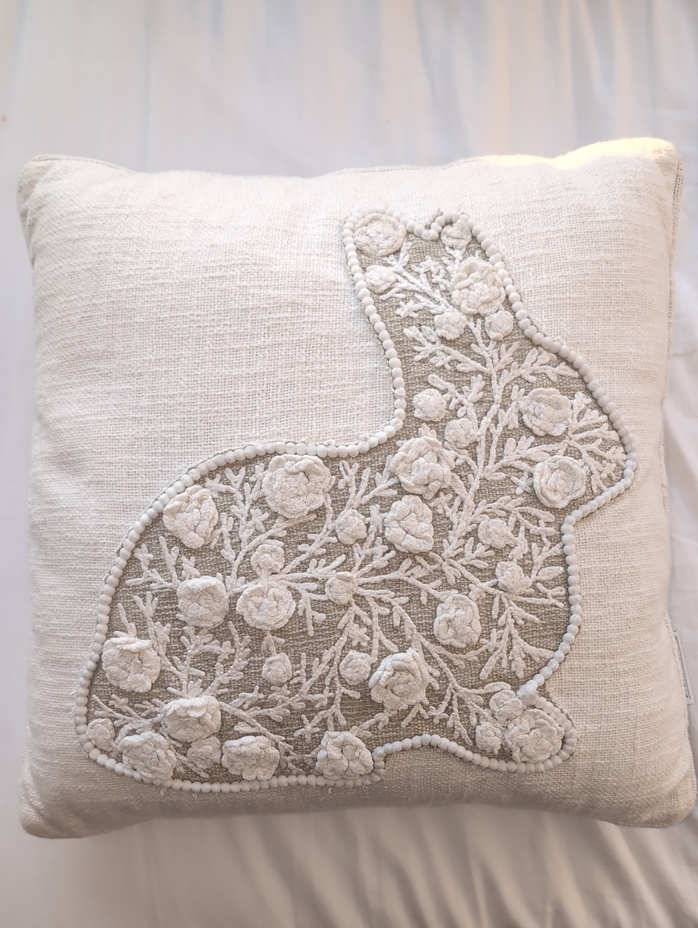 Embroidered Floral Bunny Throw Pillow | Neutral Linen Accent Cushion